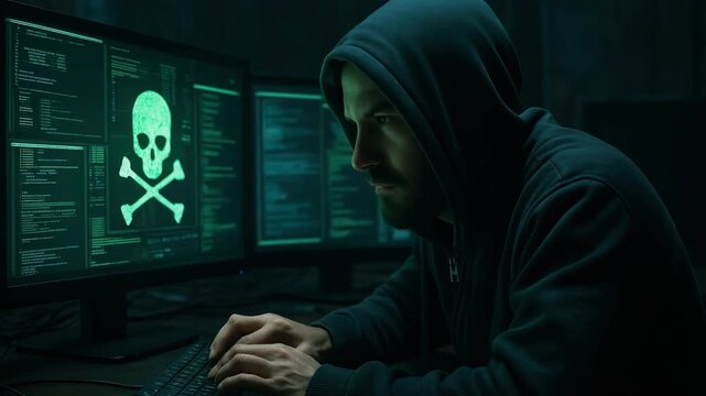 A hacker in a dark room, focused on screens with code and a skull. Side angle captures the intense atmosphere, resembling a thriller video scene.