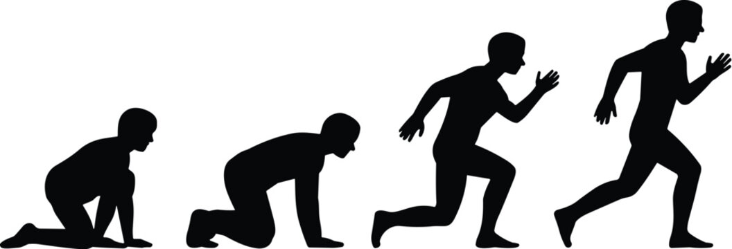 Human silhouette, running progression, motion evolution, black graphic, vector illustration, posture transition, athletic figure, activity sequence, dynamic design, 