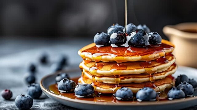 Stack of Pancakes: A stack of fluffy pancakes drizzled with golden syrup and fresh blueberries sit ready to be enjoyed. A perfect treat for breakfast or brunch.  - Powered by Adobe
