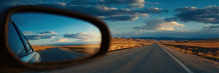 Road stretching into the distance reflected in a cars side mirror