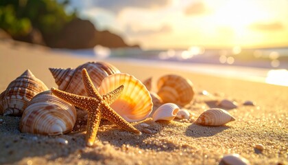 Obraz premium Beautiful beach scene with seashells and starfish in the warm glow of sunset