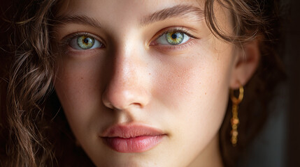 Obraz premium Close-up of a beautiful woman with striking green eyes and wavy brown hair. Captivating gaze, delicate features, and an earring complete the look.