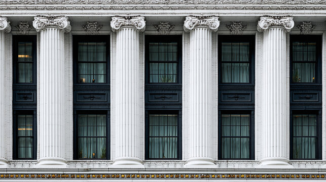 Facade of a classical building with white columns and black framed windows, creating a rhythmic and symmetrical architectural pattern.