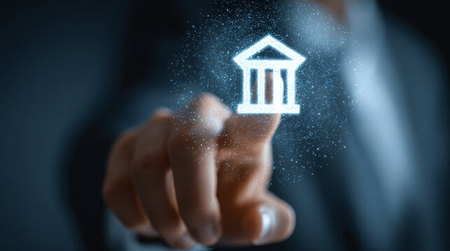 Finger touches a glowing bank icon amidst digital particles, symbolizing secure digital finance and technological banking innovations. - Powered by Adobe