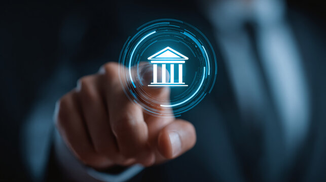 Futuristic bank icon being selected on a digital interface. Online banking, technology, and modern financial solutions represented here.