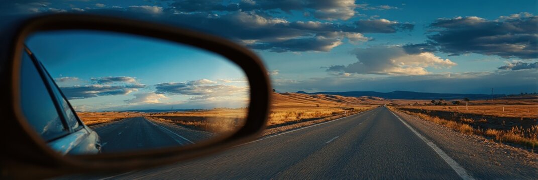 Road stretching into the distance reflected in a cars side mirror - Powered by Adobe