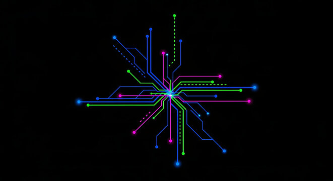 Abstract glowing digital network of colorful lines on black background