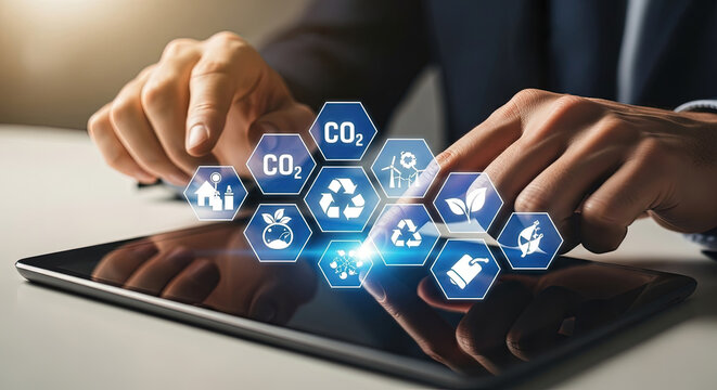 Sustainable Technology Concept: Man Using Tablet with Ecology Icons, Renewable Energy, CO2 Reduction, and Environmental Protection for a Greener Future