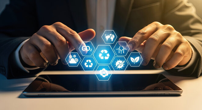 Sustainable Technology on Tablet: Businessman Tapping Eco-Friendly Icons for Green Energy, Recycling, and CO2 Reduction Solutions on Digital Device - Powered by Adobe