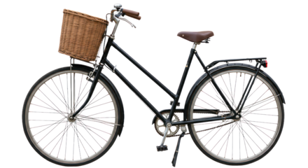 Retro black bicycle with wicker basket and brown saddle isolated on transparent background.