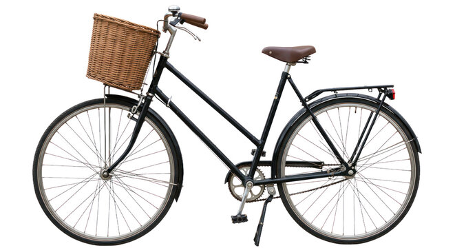 Retro black bicycle with wicker basket and brown saddle isolated on transparent background.