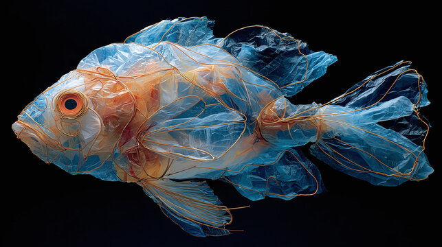 Striking fish sculpture, crafted from plastic bags and wire, swims in the dark, raising awareness about the environmental issues.