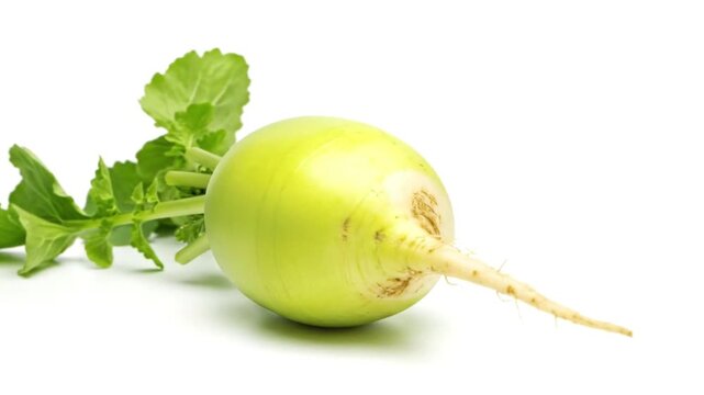 A green daikon radish with its leaves and root against a white background