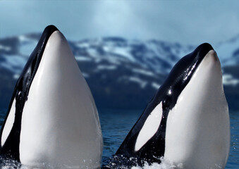 Zwei Schwertwale (Orcinus orca) schauen aus dem Wasser, Weltmeere 