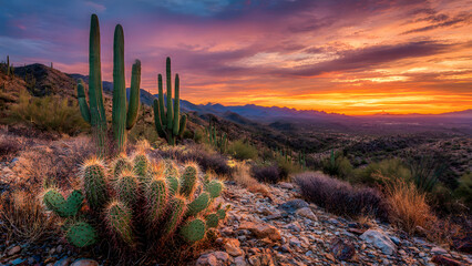  Scenic Arizona desert landscape with Saguaro cactus and dramatic clouds at sunset.