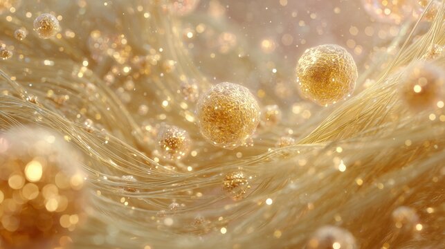 microscopic 3d view of dermal cells releasing glowing exosomes and collagen regeneration