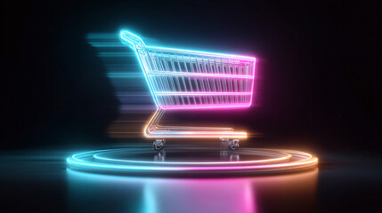 A glowing neon shopping cart hovers on a brightly lit platform, symbolizing futuristic retail and modern consumerism. Online shopping made easy.