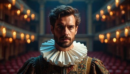 Man wears ruff collar and period clothing on stage. Actor looks at camera in theater, dramatic Renaissance scene. Male performer in costume, historical event.