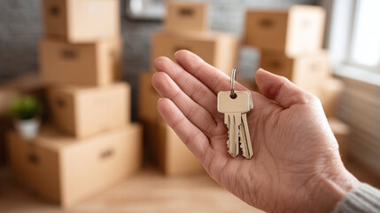 Holding the keys to a new chapter, surrounded by moving boxes, ready to embrace new beginnings and create lasting memories in a new home.