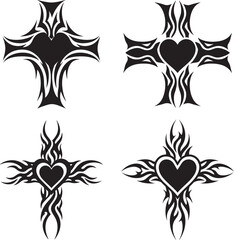 Fototapeta premium Tribal heart tattoo vector set, black silhouette design
