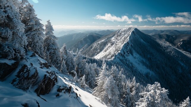 snowy mountain peak under clear sky in natural winter landscape