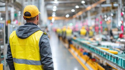Factory worker in a yellow safety vest and cap oversees the assembly line, ensuring high standards of production and quality control.