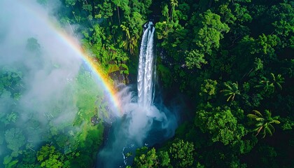 Spectacular aerial view of a lush green rainforest with a vibrant rainbow arching over a powerful waterfall cascading into a misty pool, evoking wonder and serenity