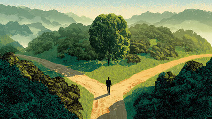 A lone figure stands at a fork in the road, symbolizing choices, decisions, and the journey of life amid the serene forest landscape.