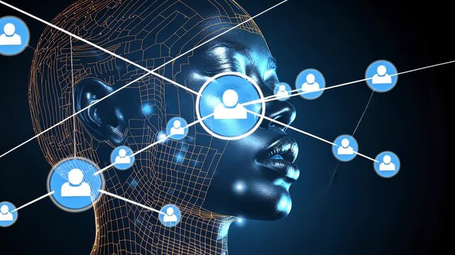 Futuristic digital illustration of a human head with a network of glowing connections, representing artificial intelligence, data processing, virtual communication in a modern technology - Powered by Adobe