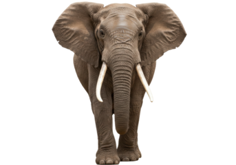 Isolated African elephant standing proudly, with wrinkled skin and long ivory tusks viewed straight on