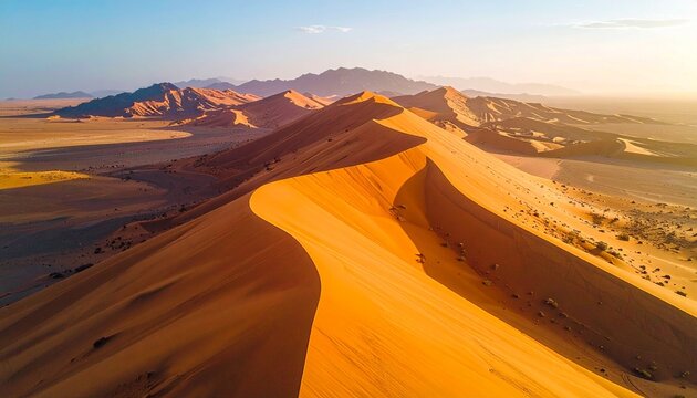 Stunning aerial perspective of a winding sand dune crest illuminated by the warm, golden light of sunrise over a vast desert
