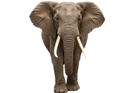 Isolated African elephant standing proudly, with wrinkled skin and long ivory tusks viewed straight on