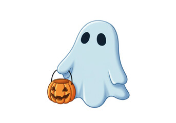 Isolated Friendly Ghost Holding Halloween Pumpkin Basket for Trick or Treat Goodies Icon