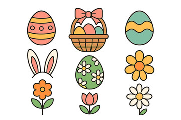Retro groovy Easter elements collection featuring decorated eggs bunny ears and spring flowers