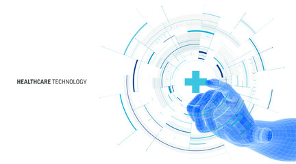 Digital healthcare technology concept. AI human hand touch medical cross icon, virtual interface. Futuristic innovation in medicine, hospital system. Smart health data, patient care background design