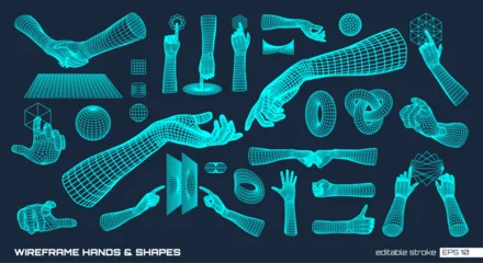 Fotobehang Beren Editable stroke vector set of 3D wireframe hands, abstract geometric shapes, concepts. Digital touch, handshake design in futuristic cyber, Y2K techno style. For AI, vr, and graphic tech backgrounds.  © Hilch