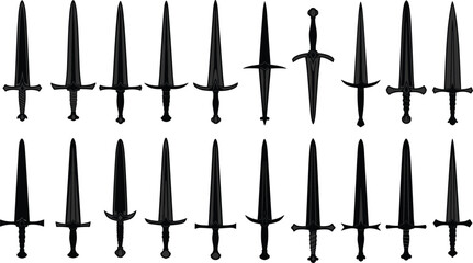 Set of black dagger silhouettes in side profile view, isolated vector icons for weapon design, medieval illustration, and pattern use.
