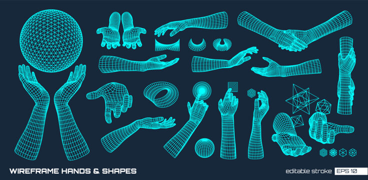 Editable stroke vector set of 3D wireframe hands, geometric shapes, concepts. Futuristic digital care and help globe concept in cyber, Y2K, and techno style. For AI, VR, and tech graphic backgrounds.