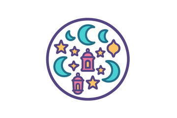 Naklejka premium Colorful arrangement of crescent moons, stars, and traditional Arabic lanterns for holiday celebration