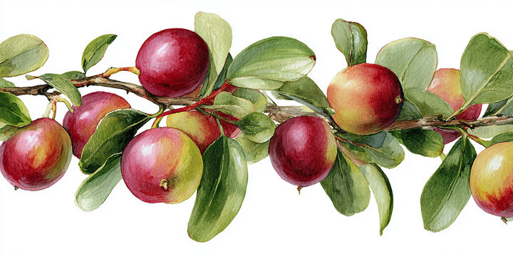 Watercolor painting of ripe jujubes on branch with green leaves forming a warm fruit border on white background.