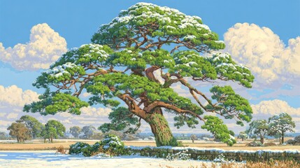 A vibrant painting of a tree in winter with snow covered branches and a sunny sky
