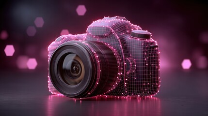 Abstract digital render of a camera with glowing pink geometric pattern