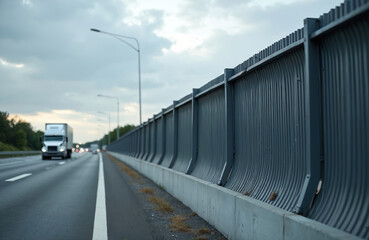 Truck drives on highway next to tall metal sound barrier wall blocking noise. Roadside structure reduces traffic sound. Cloudy sky, green trees backdrop, quiet journey.