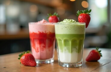 Two layered drinks, green matcha and pink strawberry, sit on cafe table. Fresh berries garnish glasses with cold sweet beverages. Refreshing cafe menu items look delicious.
