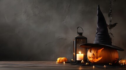 Real-photo Halloween flat-lay: witch-hat pumpkin and antique lantern glow on rustic wooden table, soft-box light, muted grey wall backdrop