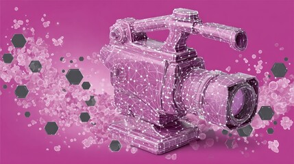 Digital rendering of a vintage camera with connected nodes and abstract background