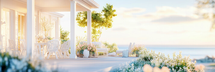 Dreamy white coastal house veranda with elegant outdoor furniture and blooming flowers, bathed in soft golden light overlooking serene ocean