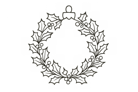 Holly christmas wreath line drawing, festive winter holiday decoration, traditional outline art with berries