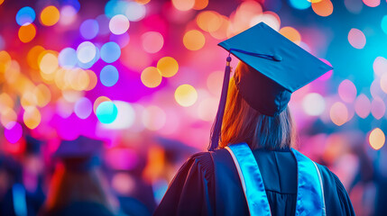 Graduate from behind gazing at vibrant, bokeh-filled celebration of colorful lights, symbolizing bright future and academic achievement
