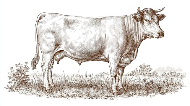 Engraving sketch of dairy cow with horns standing on pasture in vintage rural livestock illustration